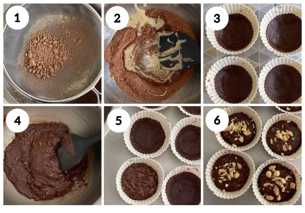 numbered collage showing steps to make mini chocolate peanut butter mini pies/tartlets.