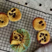 birds eye view of gluten free chocolate chip muffins on wire rack, with chocolate chips in background.
