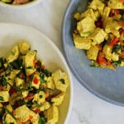 vegetable tofu scramble with avocado pico de gallo.
