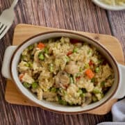 creamy roasted vegetable risotto in serving dish.