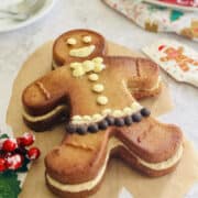 gingerbread cake with a sweet gingerbread flavor frosting in the shape of a gingerbread man.