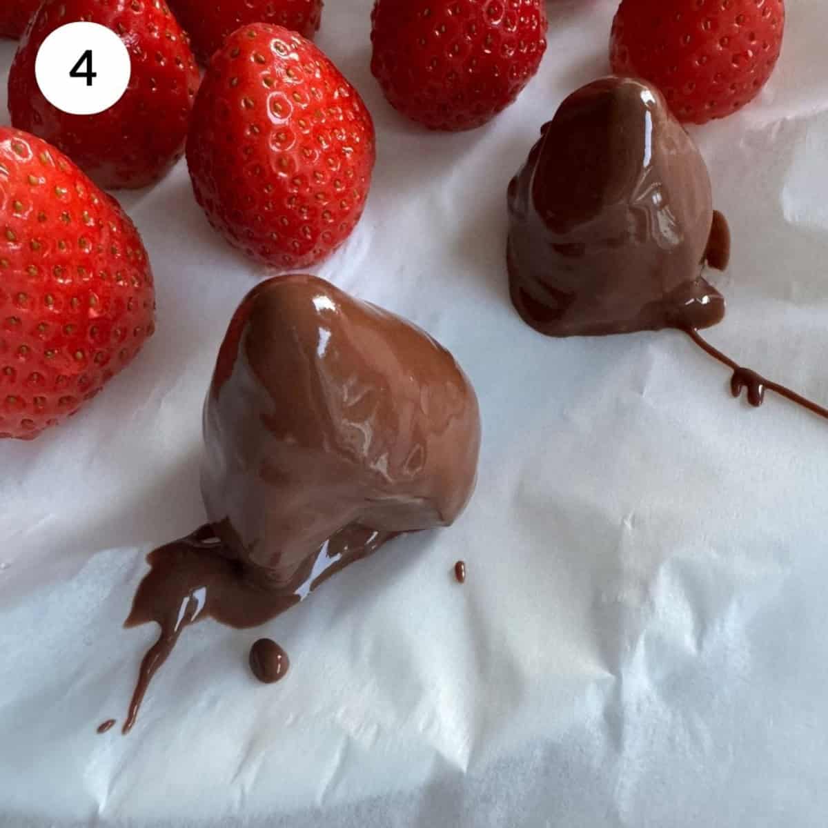 coating each strawberry with melted chocolate, placing back on the lined plate.