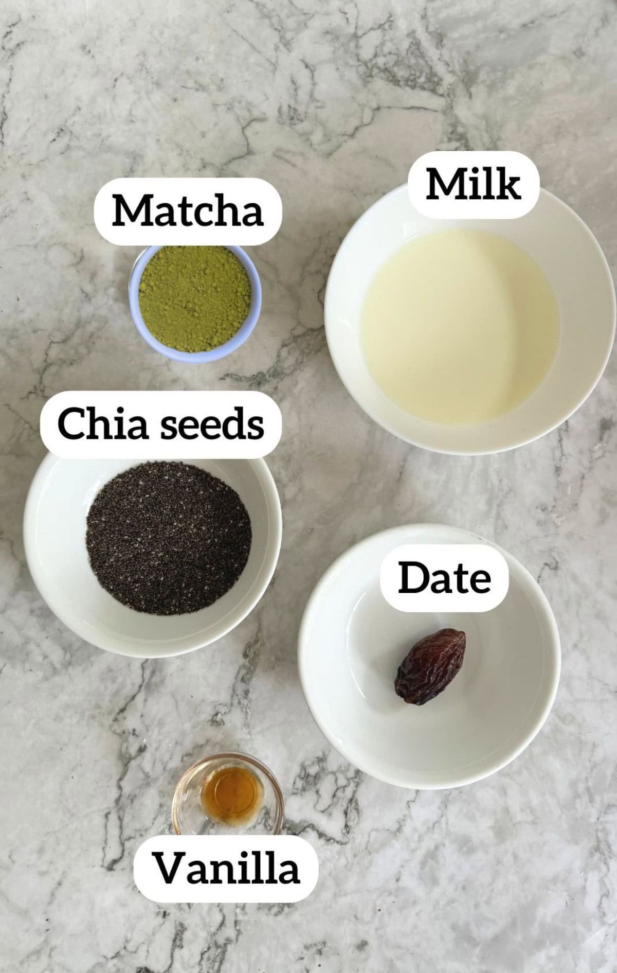 labelled ingredients to make matcha chia seed pudding, including matcha green tea powder and chia seeds.