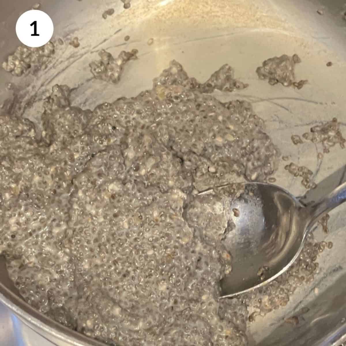 cooking the chia seeds with milk in a pan, to form a creamy thick mixture.