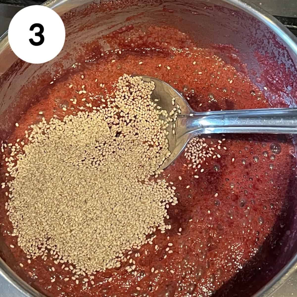 adding maple syrup and chia seeds to the mixture.