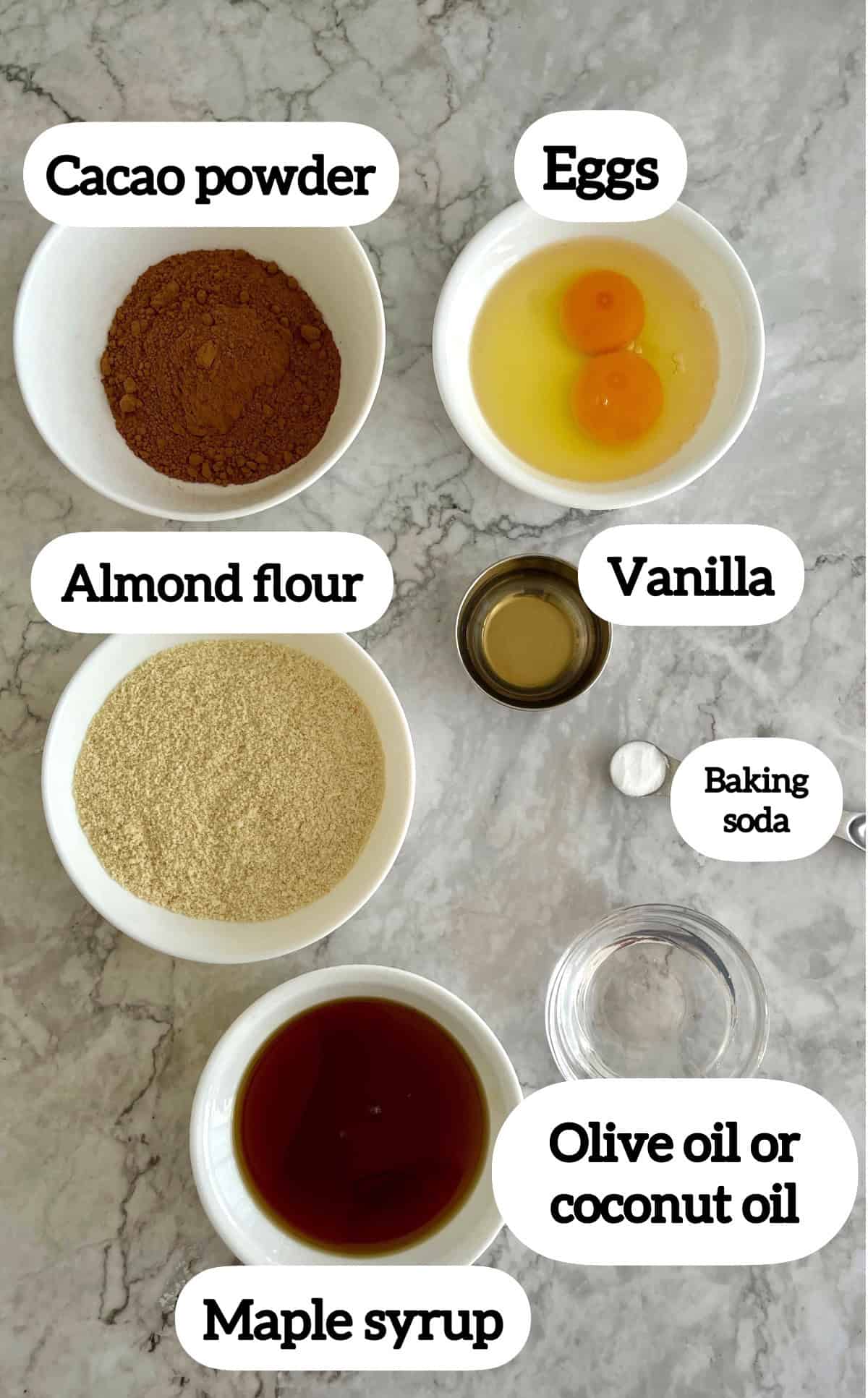 labelled ingredients to make brownie cakes.
