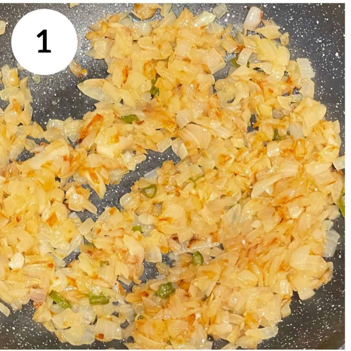 cooking onions and chillies until translucent and lightly golden.