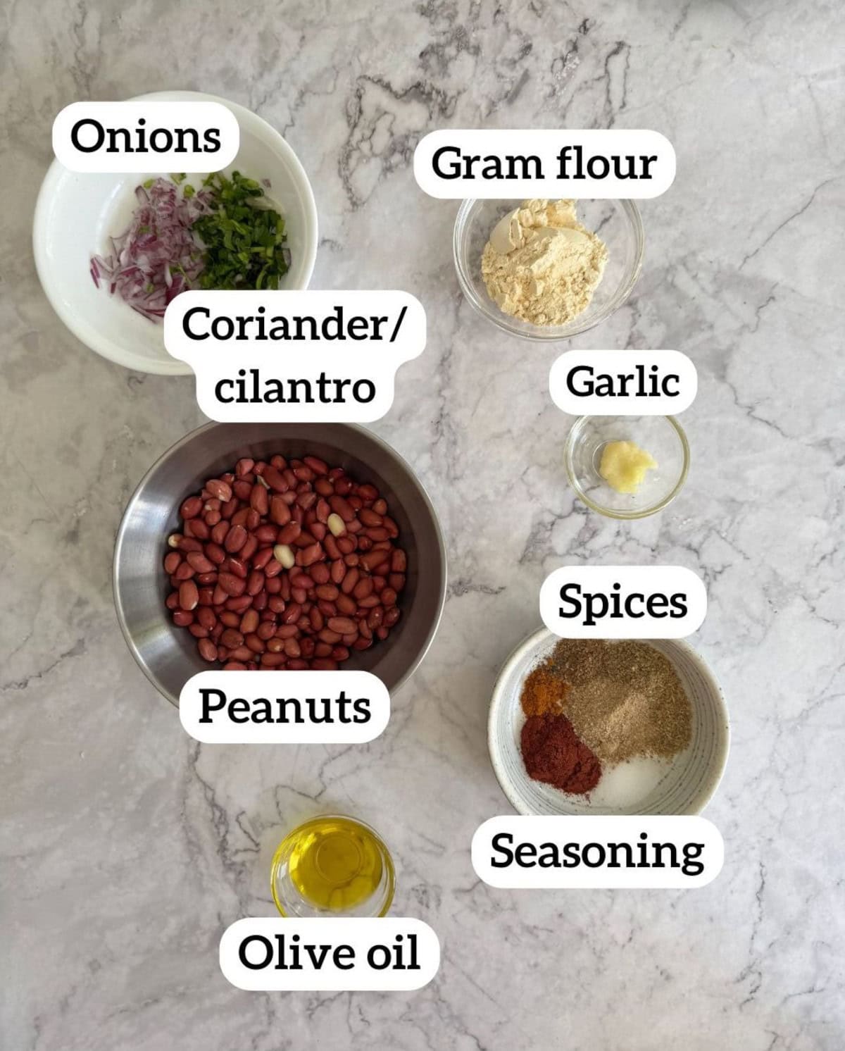 labelled ingredients to make masala peanuts.
