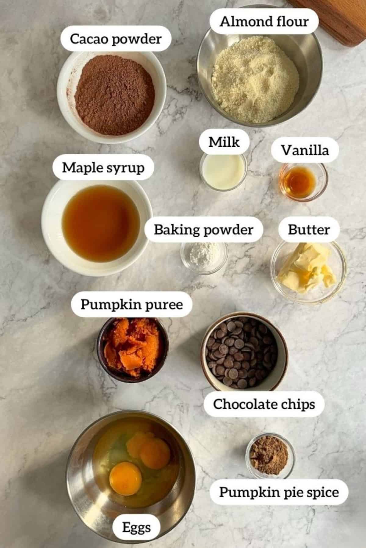 labelled ingredients for chocolate and pumpkin brownies.