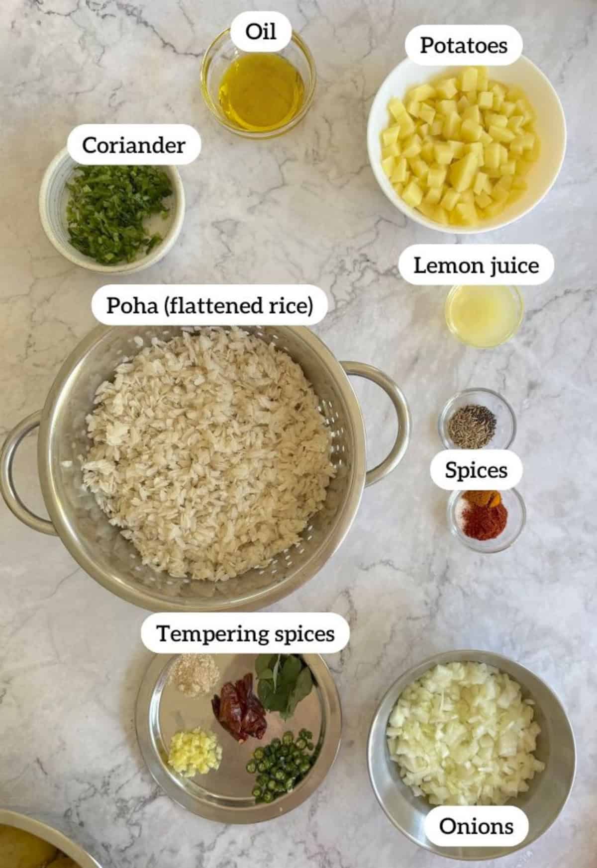 labelled ingredients to make poha.