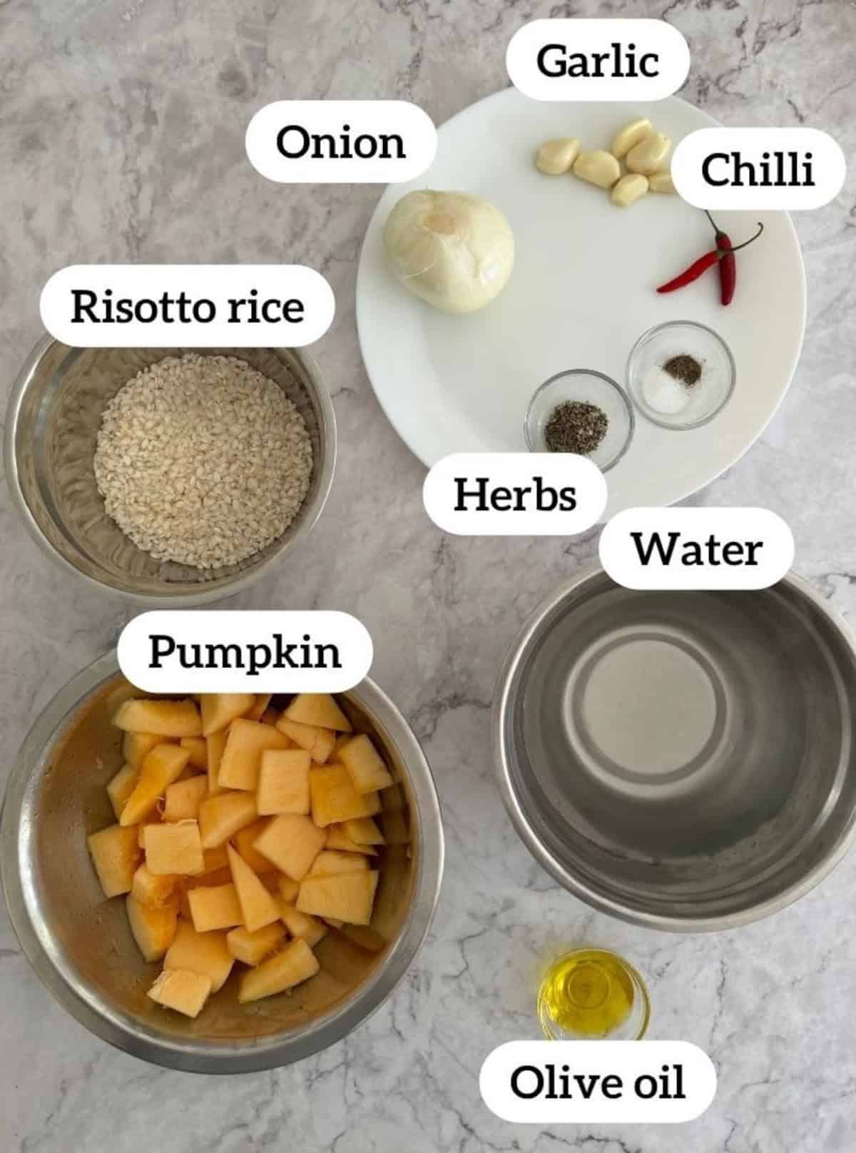 labelled ingredients to make roasted pumpkin risotto.