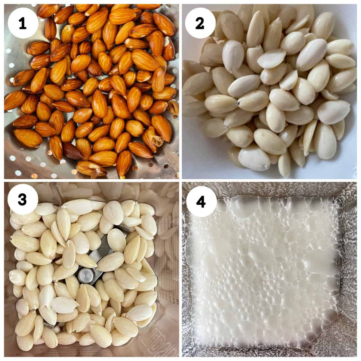 blanching, peeling and blending almonds to make almond milk.